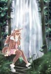 animal_ears breasts brown_hair brown_legwear commentary_request forest fur_collar gradient_hair highres japanese_wolf_(kemono_friends) kemono_friends long_hair looking_at_viewer medium_breasts multicolored_hair nature necktie pleated_skirt sarada_doraivu sitting skirt solo tail thighhighs water waterfall wolf_ears wolf_tail yellow_eyes 