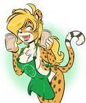  2016 4_fingers anthro apron areola beverage blonde_hair breasts cheetah clothing coffee duckdraw fangs feline female fur hair mammal mihari mostly_nude open_mouth orange_eyes ponytail solo spots thick_bottom_lip white_fur yellow_fur 