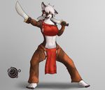  anthro breasts canine clothed clothing cutlass diadorin female loincloth mammal melee_weapon nipple_bulge open_mouth smile solo standing sword weapon 