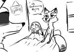  2017 anthro bed bedding black_and_white blanket canine caught dialogue disney english_text female fox inkyfrog judy_hopps lagomorph male mammal monochrome mrs_wilde nick_wilde on_bed rabbit sweat text under_covers zootopia 