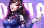  adapted_costume animal_print asian bangs bodysuit breasts brown_eyes brown_hair bunny_print character_name clenched_hand d.va_(overwatch) eyelashes facepaint facial_mark gloves h.a_(skfnxh5681) headphones high_collar highres lips long_hair looking_at_viewer overwatch pilot_suit pink_lips purple_background realistic ribbed_bodysuit shoulder_pads skin_tight small_breasts smile solo swept_bangs upper_body whisker_markings white_gloves 