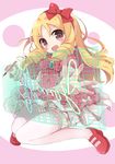  :d blonde_hair bloomers blush bow brown_eyes dress drill_hair eromanga_sensei frilled_dress frills full_body hair_bow hairband highres long_hair looking_at_viewer mary_janes open_mouth pencil pointy_ears red_bow red_footwear shoes smile solar_milk solo thighhighs twin_drills underwear white_bow white_legwear yamada_elf 