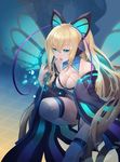  antennae azure_striker_gunvolt bare_shoulders blue_eyes blue_wings butterfly_wings collarbone crow_aberdeen detached_collar detached_sleeves half-closed_eyes hand_on_own_chest highres long_hair lumen_(gunvolt) open_mouth solo thighhighs wide_sleeves wings 