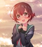  :d amakusa_tobari blush brown_eyes brown_hair cardigan crescent crescent_moon_pin kantai_collection long_sleeves mutsuki_(kantai_collection) neckerchief open_mouth red_neckwear remodel_(kantai_collection) sailor_collar school_uniform serafuku short_hair smile solo teeth twitter_username 