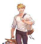  belt blonde_hair collarbone cowboy_shot granblue_fantasy holding long_sleeves looking_to_the_side male_focus minaba_hideo open_mouth pectorals picnic_basket smile transparent_background vane_(granblue_fantasy) walking 