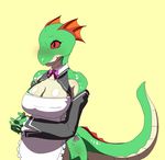  argonian big_breasts breasts cleavage clothed clothing dar-ma eyelashes female green_scales maid_uniform oblivion red_eyes scales scalie sharp_teeth simple_background smile solo tan_background teeth the_elder_scrolls uniform video_games メイトリックス 