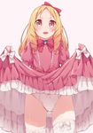  :d absurdres aka_aka ass_visible_through_thighs blonde_hair blush bow bow_legwear brown_eyes cowboy_shot dress dress_lift drill_hair eromanga_sensei fang frilled_dress frills hair_bow hairband highres lifted_by_self long_hair looking_at_viewer open_mouth panties pink_bow pink_dress smile solo thighhighs twin_drills underwear white_legwear white_panties yamada_elf 