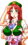  aqua_eyes ascot beret between_breasts blouse blue_hair blush braid breast_grab breast_smother breasts brooch chinese_clothes clenched_teeth commentary_request grabbing hand_on_hip hat head_between_breasts hong_meiling jewelry large_breasts long_hair looking_afar mob_cap multiple_girls open_mouth red_eyes red_hair remilia_scarlet shiraue_yuu short_hair simple_background star sweatdrop teeth touhou twin_braids upper_body white_background wrist_cuffs 