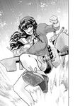  ankle_boots ashigara_(kantai_collection) boots cannon clenched_hands commentary commentary_request doyagao fang greyscale high_heel_boots high_heels kantai_collection knee_up legs long_hair monochrome page_number partial_commentary rigging shoe_soles solo stomping turret waves wavy_hair yagisawa_keiichi 