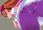  ass bare_shoulders blue_eyes blush bow crotch dragon_quest dragon_quest_x dress dress_lift earrings from_below hairband jewelry lifted_by_self long_hair looking_at_viewer looking_back orange_hair outline pantyhose pink_bow purple_legwear rizerotta_(dq10) simple_background smile solo white_dress zankuro 