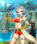  1girl :d ahoge armlet bandeau blue_eyes breasts coat copyright_name dagger dragon_quest dragon_quest_x earrings gem gloves hand_on_hip highres holding holding_weapon jewelry large_breasts looking_at_viewer maya_(culture) midriff necklace open_mouth overcoat raul_(dq10) red_shorts riin_(dq10) short_hair shorts silver_hair smile solo_focus sunglasses thigh_strap ur_(wulfa) water watermark weapon web_address 