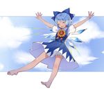  arms_up artist_name barefoot bloomers blue_dress blue_hair blush cirno closed_eyes cloud dress flower full_body hair_ribbon hidden_star_in_four_seasons ice ice_wings open_mouth outstretched_arms perri_(mnemosine) puffy_sleeves ribbon short_hair short_sleeves sky smile solo sunflower tan tanned_cirno touhou underwear wings 