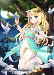  bird blonde_hair blue_eyes bow bracelet character_request dove eyebrows_visible_through_hair feathers floating head_wreath jewelry long_hair looking_at_viewer moon necklace night pink_bow pink_ribbon qurare_magic_library ribbon shoonia smile solo tree 