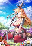  animal_ears bandage_on_face bandage_over_one_eye bandages breasts character_request cleavage eyebrows_visible_through_hair field flower flower_field fox_ears fox_tail holding holding_spear holding_weapon large_breasts long_hair looking_at_viewer navel orange_hair polearm qurare_magic_library red_legwear seiza shoonia sitting solo spear tail thighhighs weapon 