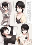  black_hair breasts brown_eyes cleavage closed_eyes collarbone earrings glasses hood hoodie jewelry looking_at_viewer lying medium_breasts ogros on_bed original short_hair short_sleeves sweater translated 