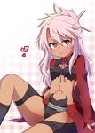  :d blush breasts chloe_von_einzbern dark_skin fate/kaleid_liner_prisma_illya fate_(series) hair_ornament hair_stick hand_on_hip heart highres long_hair looking_at_viewer navel open_mouth pink_hair red_eyes small_breasts smile solo stomach stomach_tattoo tattoo yuuhi_alpha 