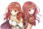  back-to-back bangs bare_shoulders breastplate breasts cape celica_(fire_emblem) circlet cleavage commentary_request detached_collar dress dual_persona earrings eyebrows eyebrows_visible_through_hair fire_emblem fire_emblem_echoes:_mou_hitori_no_eiyuuou fire_emblem_gaiden hair_ornament imachireki jewelry long_hair looking_at_viewer medium_breasts multiple_girls open_mouth red_eyes red_hair short_sleeves shoulder_pads sleeveless smile tiara white_dress 