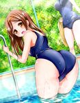  2girls artist_request ass bare_shoulders blush breasts brown_hair chacha_(fate/grand_order) fate/grand_order fate_(series) from_behind hairband head_out_of_frame large_breasts long_hair looking_at_viewer multiple_girls open_mouth orange_eyes pool school_swimsuit shielder_(fate/grand_order) shiny shiny_clothes shiny_hair shiny_skin swimsuit towel water wet wet_clothes wet_hair 