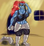  2016 abs anthro areola big_breasts breasts cleavage clothed clothing erect_nipples female fish marine muscular muscular_female nipple_bulge nipples omnishambles_(artist) solo sweat undertale undyne video_games 
