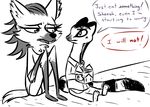 2017 adam_(inkyfrog) anthro barefoot box canine clothed clothing dialogue disney duo english_text fan_character female food inkyfrog linsang male mammal maned_wolf neck_tuft restricted_palette sitting text tuft viverrid zootopia 