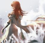  artist_name back bare_shoulders blurry celica_(fire_emblem) copyright_name depth_of_field dress elbow_gloves fingerless_gloves fire_emblem fire_emblem_echoes:_mou_hitori_no_eiyuuou from_behind gloves hairband long_hair looking_at_viewer looking_back mavis_fuji petals red_eyes red_hair solo wind 