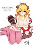  animal_ears blonde_hair blue_eyes breasts cleavage earrings garter_belt jewelry kemonomimi_mode large_breasts long_hair mario_(series) mushroom nipples no_panties pink_legwear princess_peach pussy raccoon_ears raccoon_tail reclining sho-n-d sitting solo super_mario_bros. tail thighhighs topless yokozuwari 