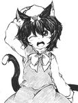  animal_ears bad_id bad_pixiv_id cat_ears cat_tail chen greyscale hat monochrome one_eye_closed open_mouth short_hair sketch solo sunaya_yanokura tail touhou wince 