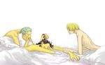  3boys bed_sheet black_hair blonde_hair green_hair male male_focus multiple_boys nude one_piece roronoa_zoro sanji sheets sleeping usopp yaoi 