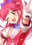  1girl :d absurdres aikatsu! aikatsu!_(series) blue_bow blush bow brown_eyes commentary_request eyebrows_visible_through_hair gloves hair_bow hand_on_hip head_tilt highres long_hair looking_at_viewer one_eye_closed open_mouth otoshiro_seira pink_hair ponytail red_vest sekina short_sleeves simple_background smile solo vest white_background white_gloves 