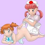  adultbaby diaper diaper_change diaper_changing joy_(pokemon) kasumi_(pokemon) long_hair misty nintendo nurse nurse_joy pokemon red_hair short_hair 
