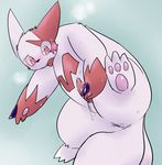  anus butt chubby cum erection fur kurohane_karasu kurou male markings nintendo paws penis pink_eyes pok&#233;mon pokemon red_markings solo video_games white_fur zangoose 