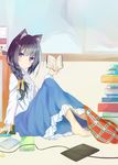  animal_ears bangs barefoot black_hair blouse blue_skirt blush book book_stack braid cable cat_ears closed_mouth eyebrows_visible_through_hair frilled_blouse frilled_skirt frills from_side hair_ribbon holding holding_book indoors kavka long_hair long_skirt long_sleeves looking_at_viewer open_book original purple_eyes ribbon side_braid skirt solo tablet tress_ribbon white_blouse yellow_ribbon 