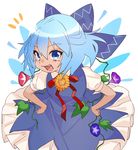  :d blue_hair blush cirno commentary dress flower gotoh510 hands_on_hips hidden_star_in_four_seasons highres long_hair morning_glory open_mouth puffy_short_sleeves puffy_sleeves short_sleeves smile solo sunflower tan tanned_cirno touhou 