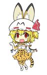  animal_ears blonde_hair bow colonel_aki cosplay ears_through_headwear elbow_gloves extra_ears flandre_scarlet gloves hat kemono_friends looking_at_viewer mob_cap necktie open_mouth paw_pose red_eyes serval_(kemono_friends) serval_(kemono_friends)_(cosplay) serval_ears serval_print shirt shoes side_ponytail skirt sleeveless sleeveless_shirt smile solo thighhighs touhou wings yellow_background 