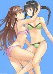  arched_back ass black_hair blue_background bra braid breasts brown_eyes brown_hair eye_contact green_bra green_panties head_hold isshiki_(ffmania7) jpeg_artifacts kantai_collection kitakami_(kantai_collection) leg_between_thighs leg_up long_hair looking_at_another medium_breasts multiple_girls navel ooi_(kantai_collection) panties pink_bra pink_panties purple_eyes sideboob simple_background single_braid small_breasts smile twitter_username underwear underwear_only yuri 