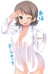  ;d blue_eyes blurry blush breasts brown_hair cleavage contrapposto cowboy_shot depth_of_field highres large_breasts leaning_forward looking_at_viewer love_live! love_live!_sunshine!! naked_shirt one_eye_closed open_cuffs open_mouth robin16 salute shirt simple_background sleeves_past_wrists smile solo standing translation_request unbuttoned unbuttoned_shirt watanabe_you white_background white_shirt 