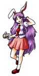  :d animal_ears breasts bunny_ears carrot collared_shirt commentary ears_perk loafers long_hair looking_at_viewer lunatic_gun medium_breasts miniskirt nazotyu necktie open_mouth puffy_short_sleeves puffy_sleeves purple_hair red_eyes reisen_udongein_inaba shirt shoes short_sleeves skirt smile socks solo tie_clip touhou very_long_hair white_legwear 