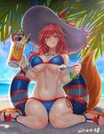  :q absurdres animal_ears beach bikini blue_bikini blue_sky bracelet breasts cleavage day ears_through_headwear fate/extra fate/grand_order fate_(series) fox_ears fox_tail hat highres huge_breasts innertube jewelry long_hair looking_at_viewer mhg_(hellma) navel necklace ocean outdoors palm_tree parfait pink_hair sandals sitting sky smile solo spoon sun_hat swimsuit tail tamamo_(fate)_(all) tamamo_no_mae_(fate) tamamo_no_mae_(swimsuit_lancer)_(fate) tongue tongue_out tree wariza wet white_hat yellow_eyes 
