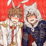  alternate_costume animal_ears argyle argyle_background armor berserker_(granblue_fantasy) brown_eyes bunny_ears dual_persona fake_animal_ears fangs gran_(granblue_fantasy) granblue_fantasy heart heart-shaped_pupils looking_at_viewer male_focus multiple_boys patterned_background red_background sage_(granblue_fantasy) short_hair symbol-shaped_pupils tsurime upper_body wa_ga_ne waistcoat wavy_mouth wolf_pelt 