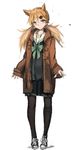  animal_ears blonde_hair full_body girls_frontline green_eyes hair_ornament hairclip idw_(girls_frontline) jacket looking_at_viewer oversized_clothes pantyhose school_uniform skirt solo twintails unitsu 