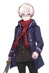  arthur_pendragon_(fate) artoria_pendragon_(all) black-framed_eyewear cowboy_shot dark_persona fate/grand_order fate/prototype fate_(series) gakuran genderswap genderswap_(ftm) glasses jacket looking_at_viewer male_focus mysterious_heroine_x_(alter) plaid plaid_scarf red_scarf saber sakuharu_(hkhkbn) scarf school_uniform semi-rimless_eyewear simple_background solo sword under-rim_eyewear weapon white_background white_hair yellow_eyes 