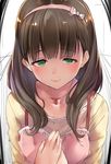  apron bangs blush bow brown_hair close-up collarbone eyebrows_visible_through_hair green_eyes hair_bow half-closed_eyes hands_on_own_chest heart heart-shaped_pupils idolmaster idolmaster_cinderella_girls isshiki_(ffmania7) jewelry long_sleeves looking_at_viewer necklace own_hands_together pink_bow sakuma_mayu shirt smile solo symbol-shaped_pupils upper_body yellow_shirt 
