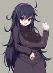  @_@ absurdres ahoge belly black_hair bottle breasts dress eyebrows_visible_through_hair fat_folds hairband hand_on_own_stomach hex_maniac_(pokemon) highres huge_breasts long_hair looking_at_viewer messy_hair milk milk_bottle plump pokemon pokemon_(game) pokemon_xy purple_eyes purple_hairband sawati smile solo 