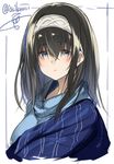  artist_name black_hair blue_eyes blue_sweater closed_mouth eyebrows eyebrows_visible_through_hair hair_between_eyes hairband idolmaster idolmaster_cinderella_girls isshiki_(ffmania7) long_hair looking_at_viewer sagisawa_fumika shawl signature solo sweater twitter_username upper_body 