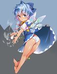  ass bare_legs barefoot blue_eyes blue_hair bow cirno dress flower from_behind full_body grin hair_bow hidden_star_in_four_seasons highres looking_back panties ribbon short_hair sideways_mouth simple_background smile snowman solo striped striped_panties sunflower takotsu tan tanned_cirno touhou underwear wings 