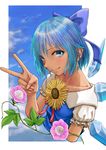  blue_bow blue_dress blue_eyes blue_hair blush bow cirno cloud day dress flower hidden_star_in_four_seasons highres ice ice_wings kilye_4421 looking_at_viewer plant sky solo sunflower tan tanned_cirno touhou upper_body v vines wings 