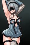  armpits arms_up black_background black_blindfold blindfold breasts cleavage cosplay cowboy_shot cropped_jacket finalcake hairband highres hips kaine_(nier) kaine_(nier)_(cosplay) leotard medium_breasts mole mole_under_mouth nier_(series) nier_automata short_hair silver_hair simple_background single_thighhigh solo thighhighs thighs white_leotard yorha_no._2_type_b 