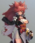  absurdres ahoge amputee baiken breasts cleavage eyepatch facial_mark facial_tattoo grey_background guilty_gear guilty_gear_xrd half-closed_eyes highres jacket_on_shoulders japanese_clothes k1_(erin22) katana kimono large_breasts leaf long_hair pink_hair pointy_hair ponytail red_eyes sarashi sash scar scar_across_eye sheath sheathed simple_background solo stalk_in_mouth sword tattoo torn_sleeve very_long_hair weapon 