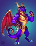  aged_up anthro bag belt biceps claws dragon eyewear flexing gem holding_object horn jewelry looking_at_viewer male miss-yazriel mostly_nude muscular muscular_male necklace pecs pouch purple_scales scales simple_background smile solo spyro_(adult_form) spyro_reignited_trilogy spyro_the_dragon standing sunglasses video_games wings 