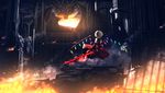  blonde_hair breathing_fire castle dragon fence fire flandre_scarlet from_behind highres laevatein revision ryosios short_hair smoke standing sword touhou weapon wings 